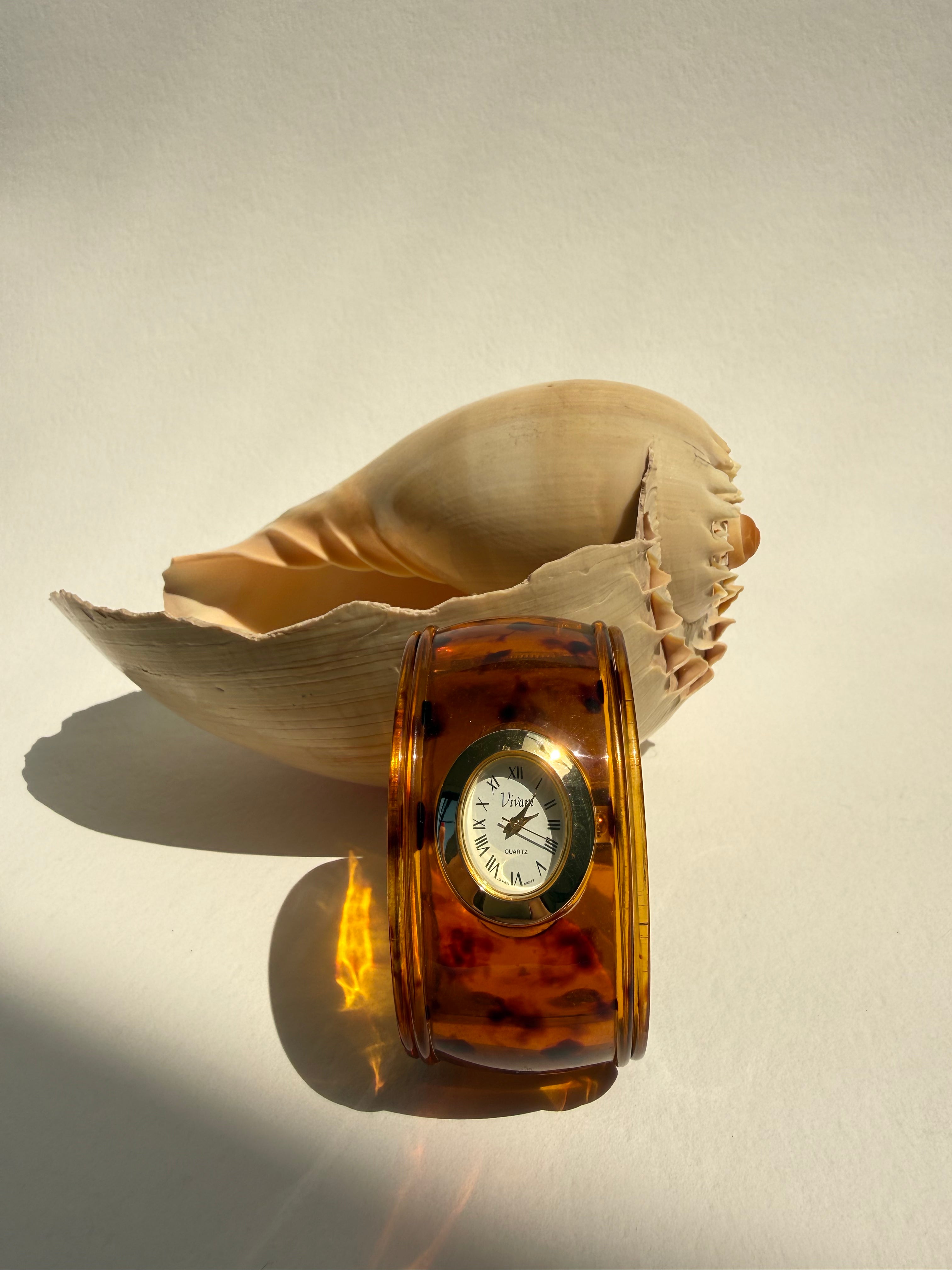 TORTOISE BROWN HINGED CUFF WATCH