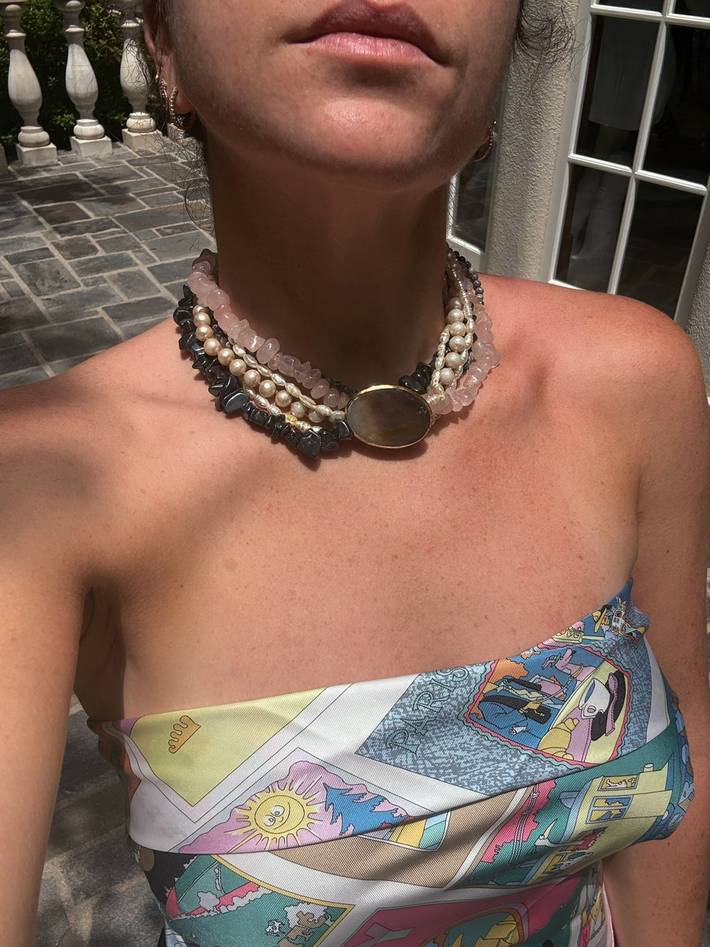 LAYERED NATURAL GEMSTONE CHOKER NECKLACE