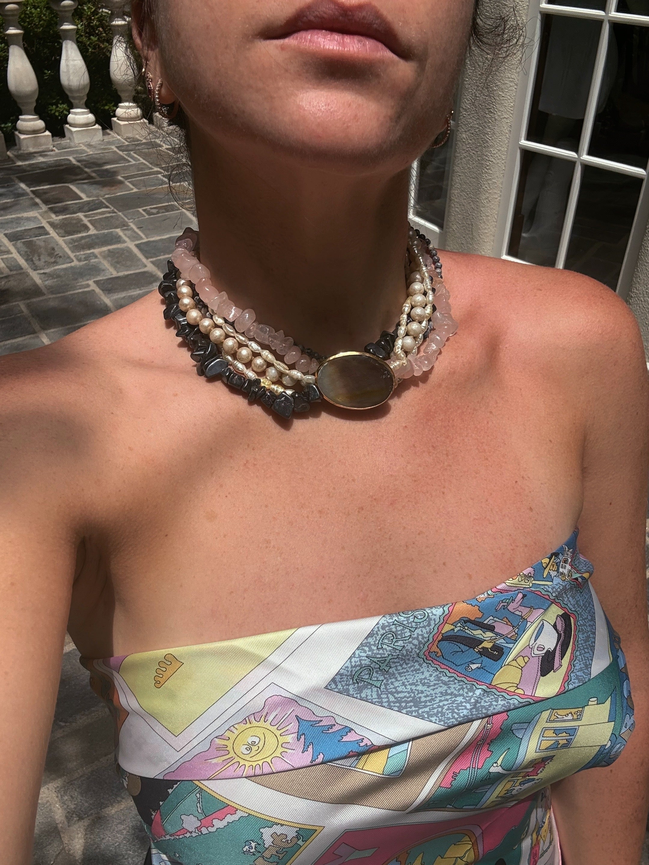 LAYERED NATURAL GEMSTONE CHOKER NECKLACE