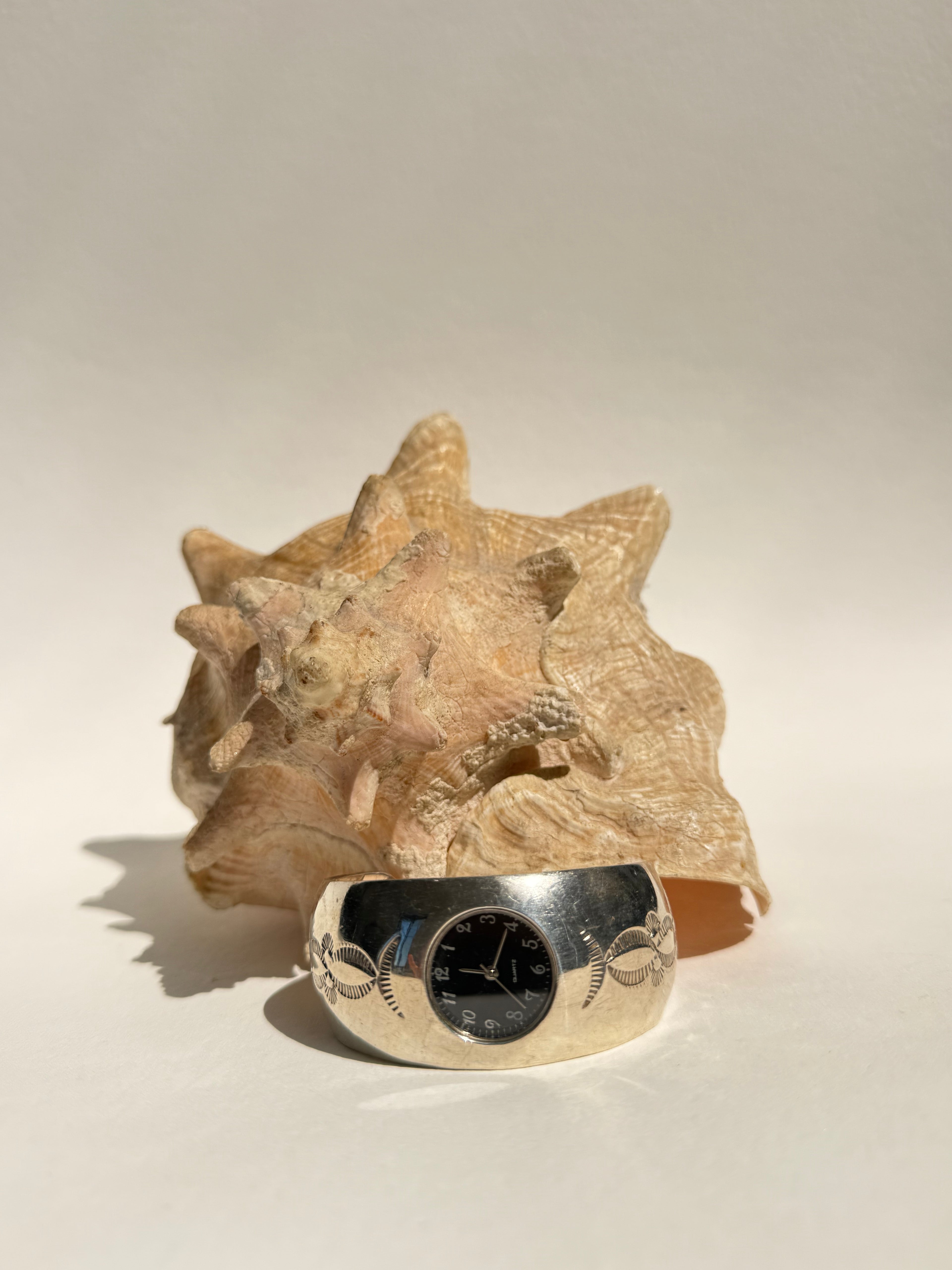 SILVER NATIVE AMERICAN CARVED CUFF WATCH