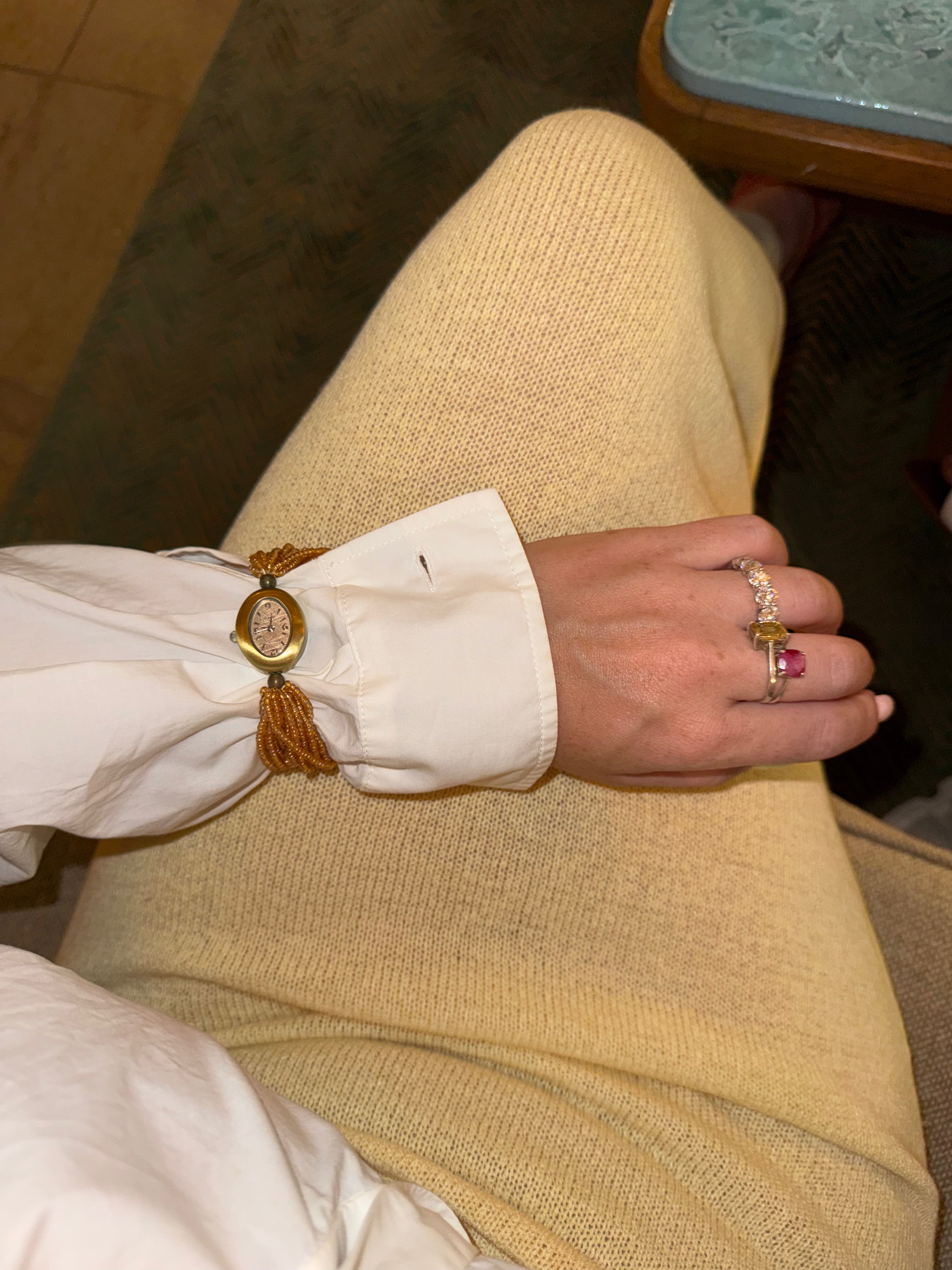BEADED BAND GOLD TONAL OVAL STRETCH CUFF WATCH