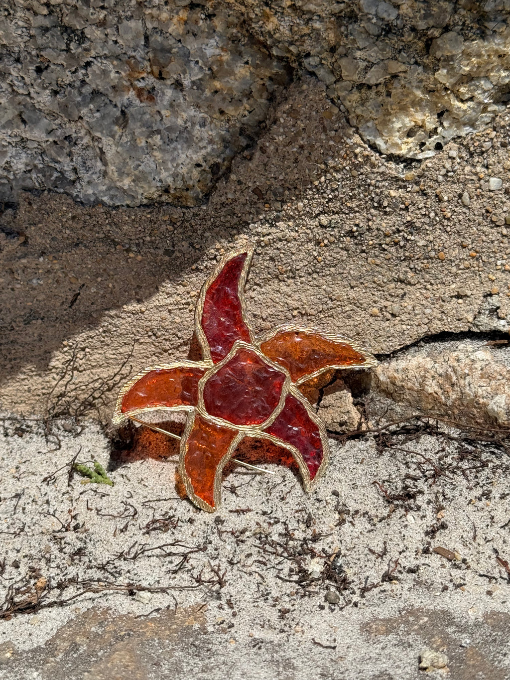 VINTAGE RED GLASS ENAMEL GOLD TONE NAUTICAL STARFISH BROOCH PIN