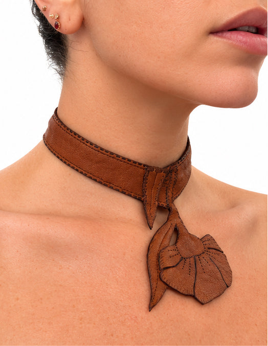 FLOWER VINTAGE WESTERN LEATHER CHOKER NECKLACE